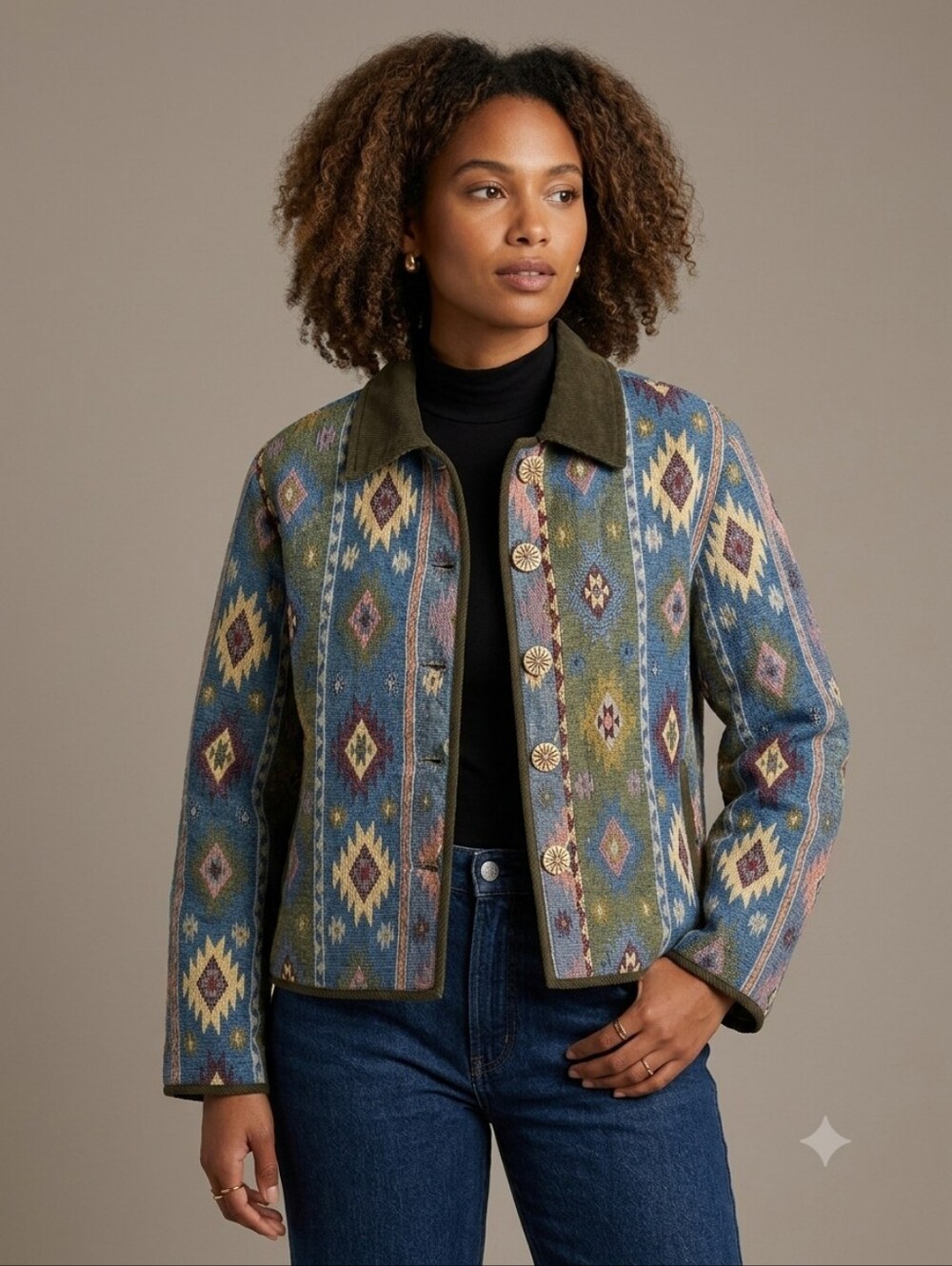 Passion Vintage 90s Southwestern Tapestry Jacket M Corduroy Collar Geometric